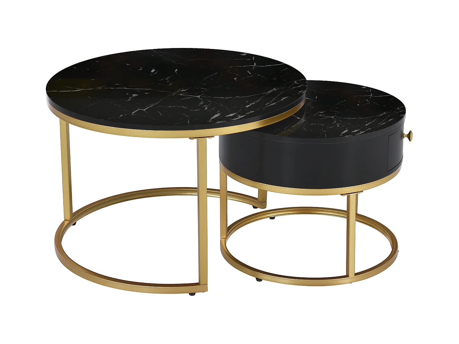 2er-Set Couchtische – Runder Couchtisch mit 1 Schublade – Goldrahmen – Schwarze Marmor-Platte