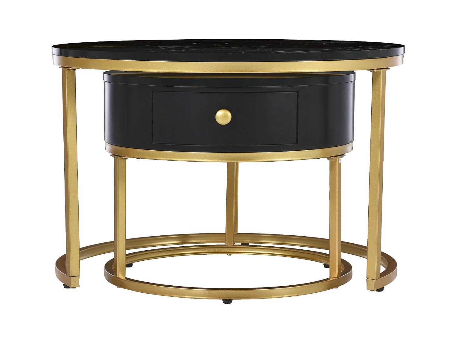 2er-Set Couchtische – Runder Couchtisch mit 1 Schublade – Goldrahmen – Schwarze Marmor-Platte