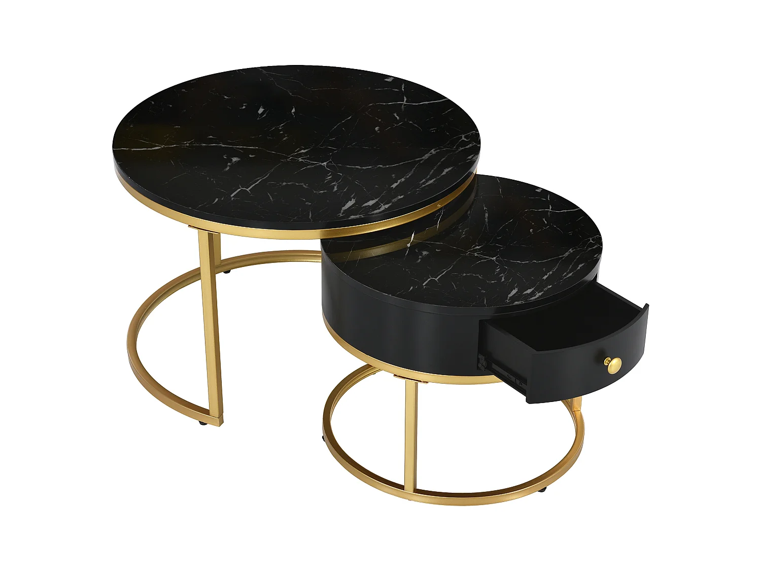 2er-Set Couchtische – Runder Couchtisch mit 1 Schublade – Goldrahmen – Schwarze Marmor-Platte