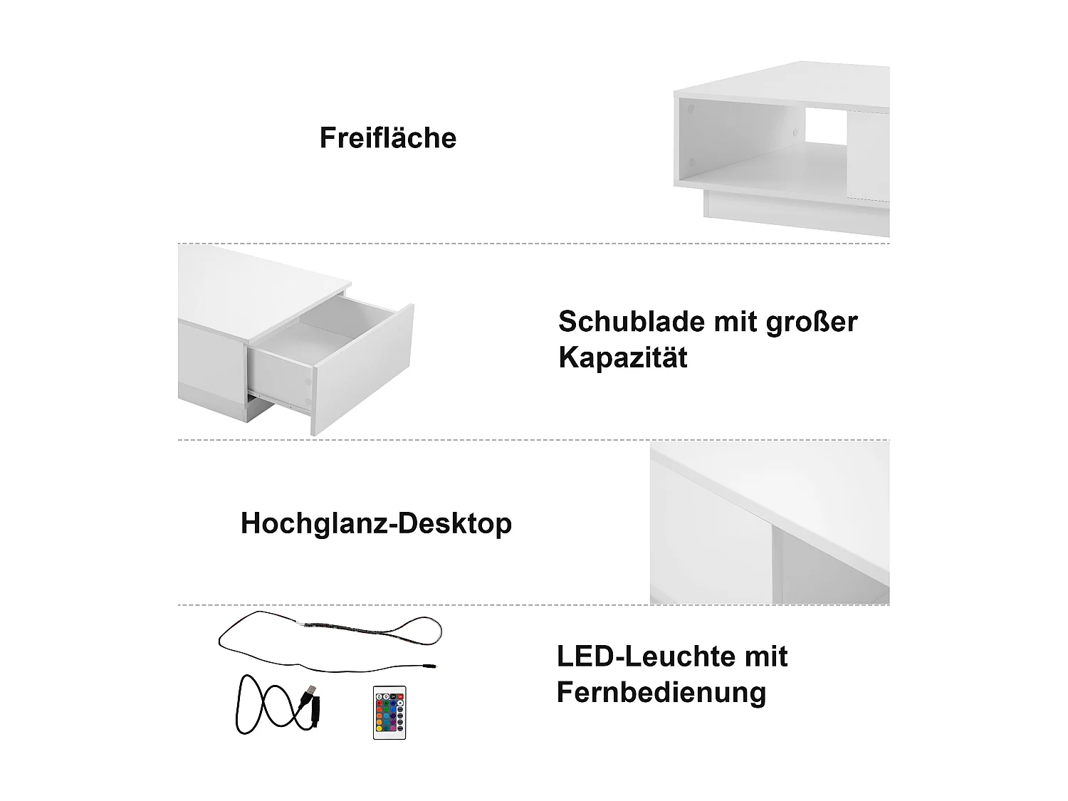 Table basse fixe 95x55x32 cm Table de canapé moderne Table rectangulaire avec LED - Blanc