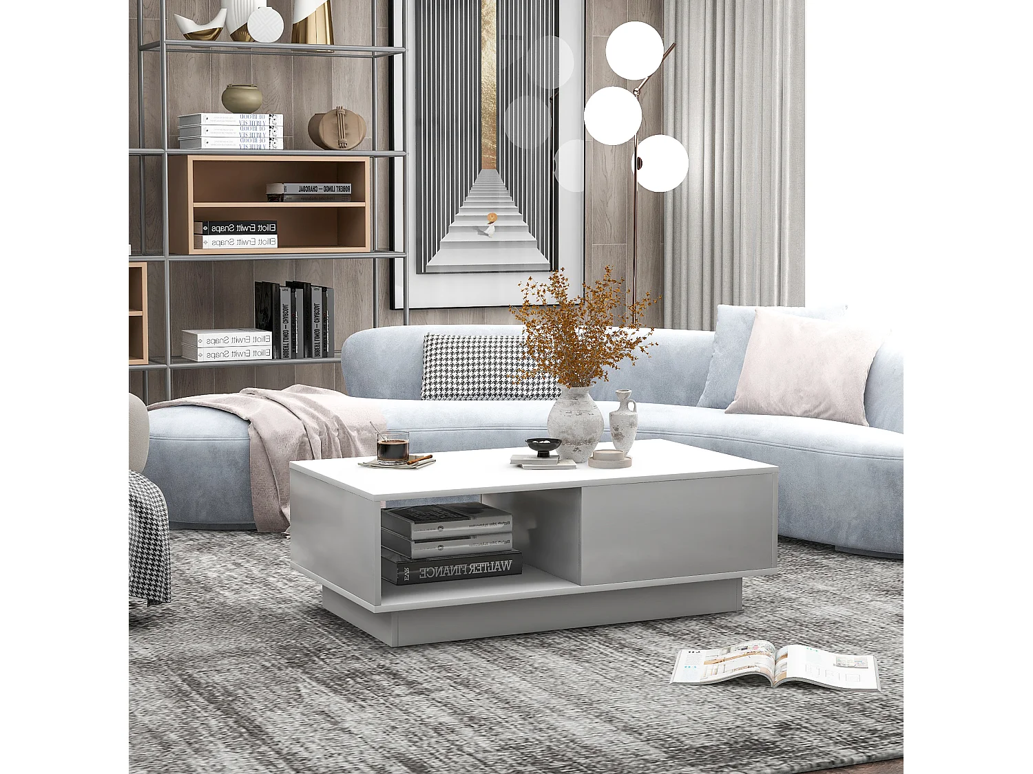 Table basse fixe 95x55x32 cm Table de canapé moderne Table rectangulaire avec LED - Blanc