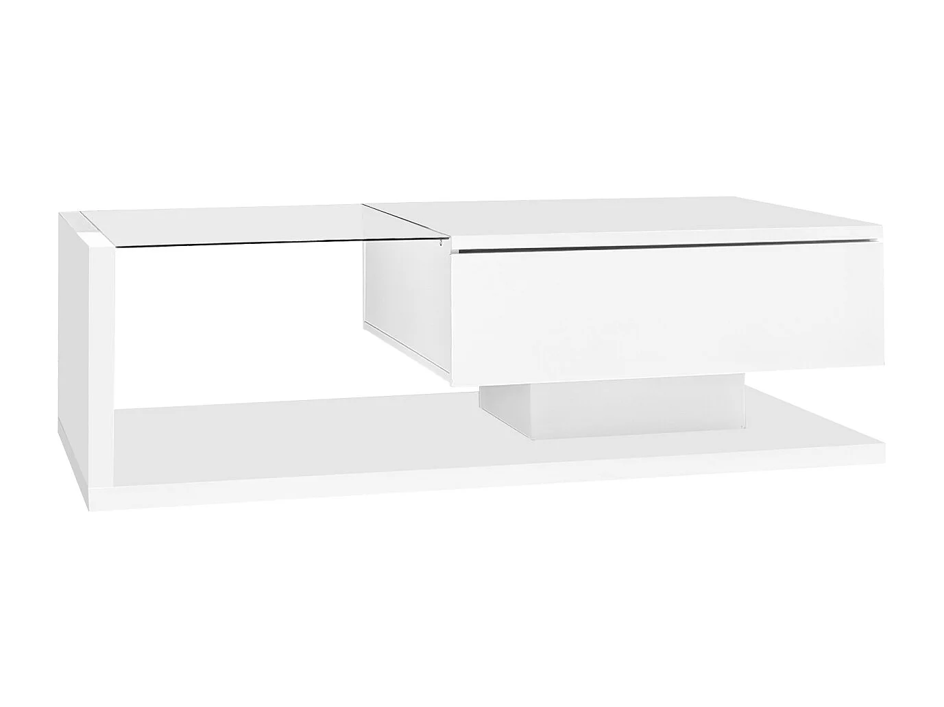 Table basse salon blanc brillant avec verre trempé et LED , 1 tiroir, 105x55x32,5 cm