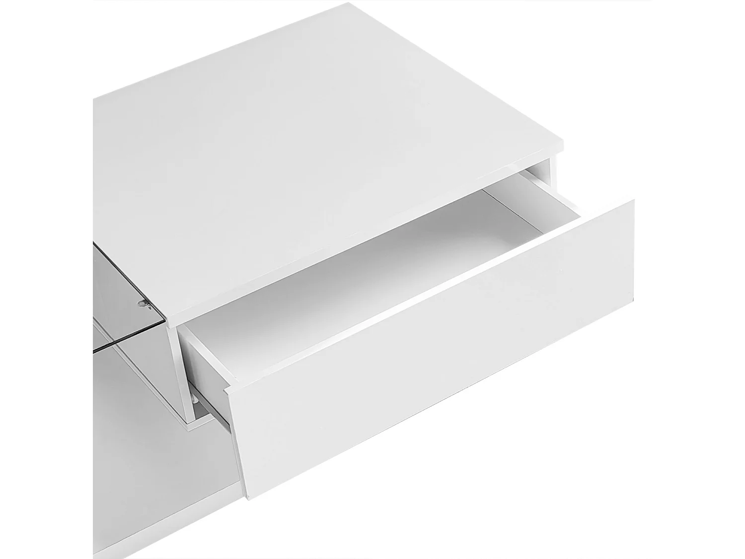 Table basse salon blanc brillant avec verre trempé et LED , 1 tiroir, 105x55x32,5 cm