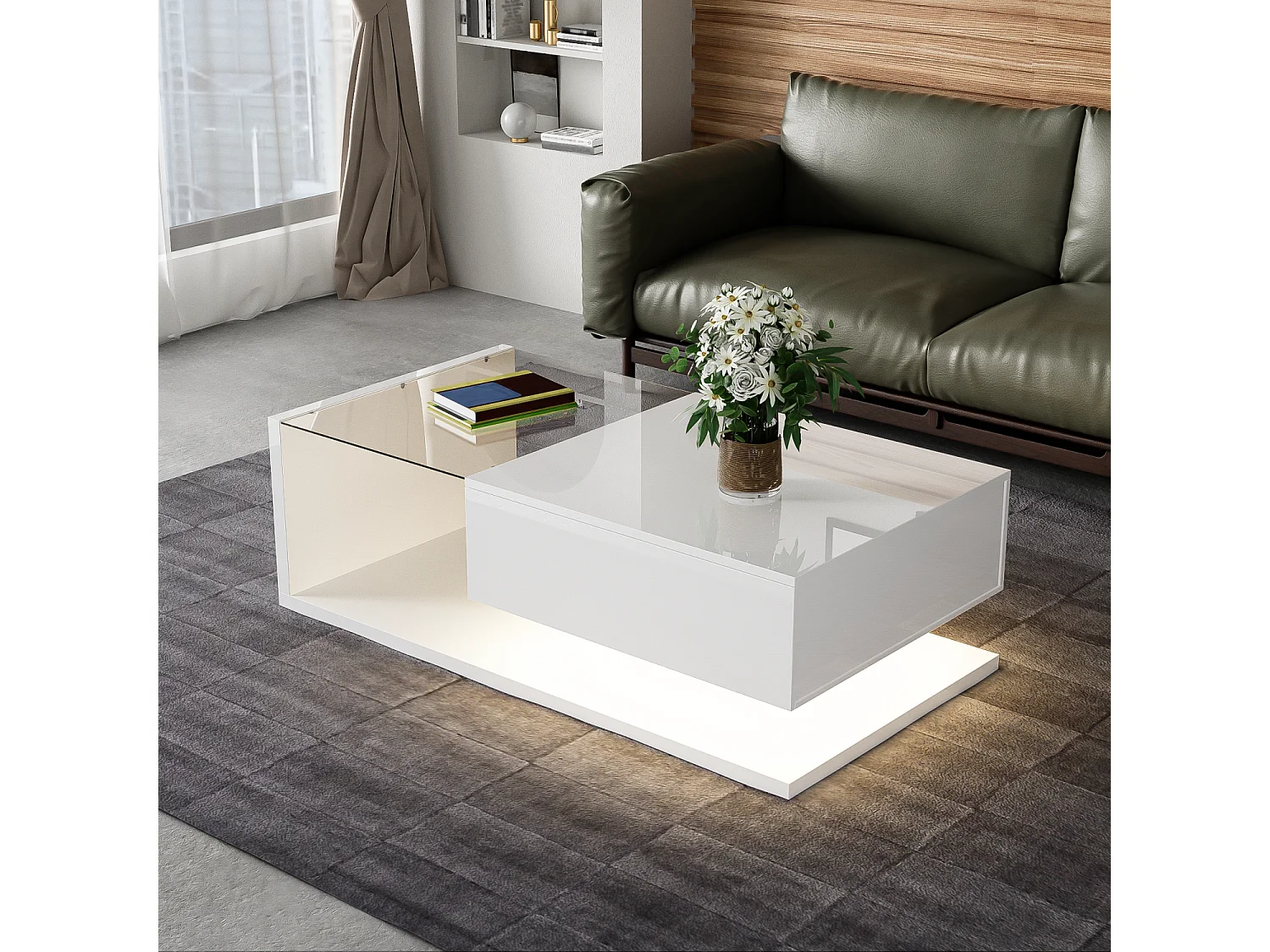 Table basse salon blanc brillant avec verre trempé et LED , 1 tiroir, 105x55x32,5 cm