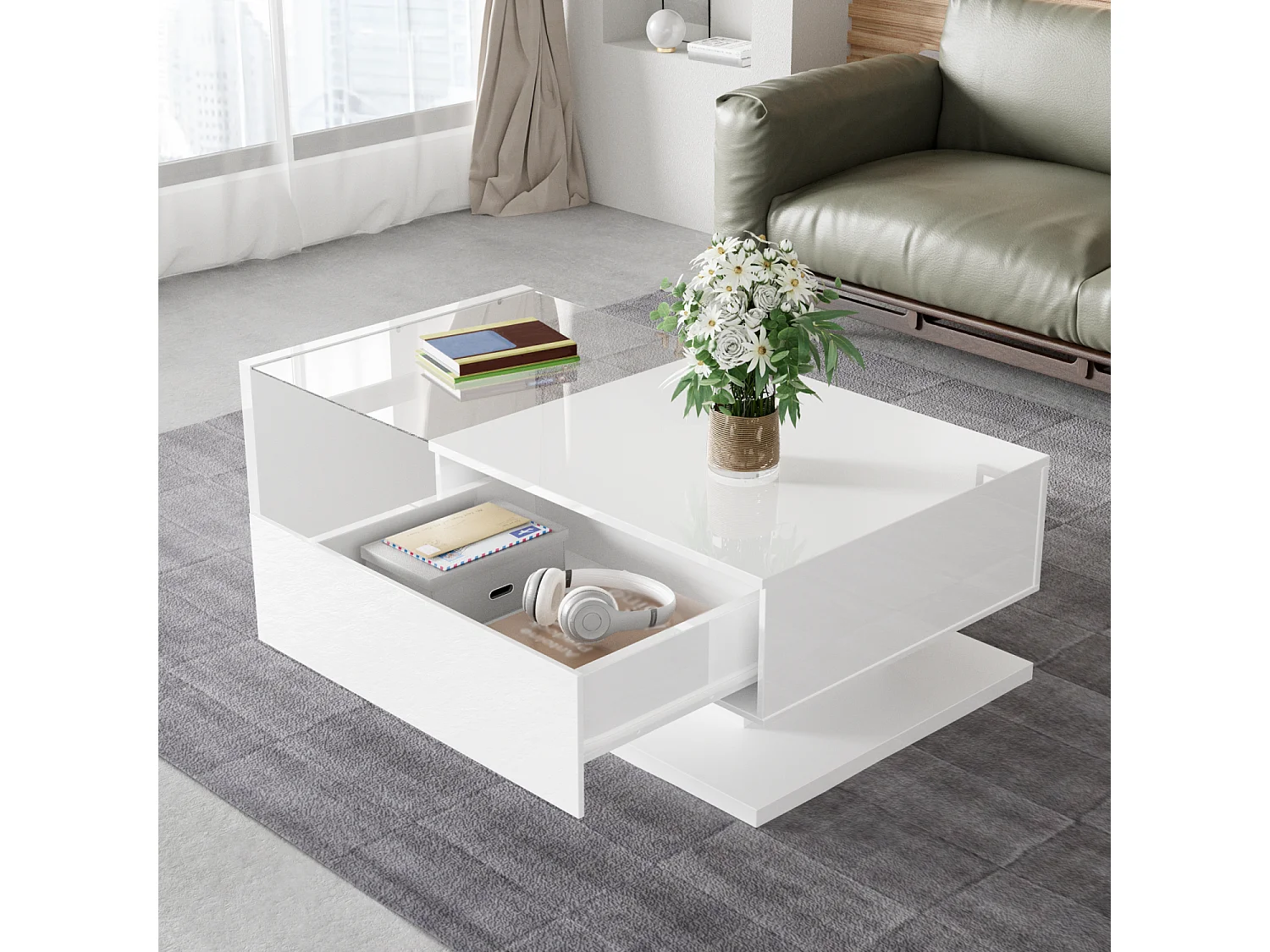 Table basse salon blanc brillant avec verre trempé et LED , 1 tiroir, 105x55x32,5 cm