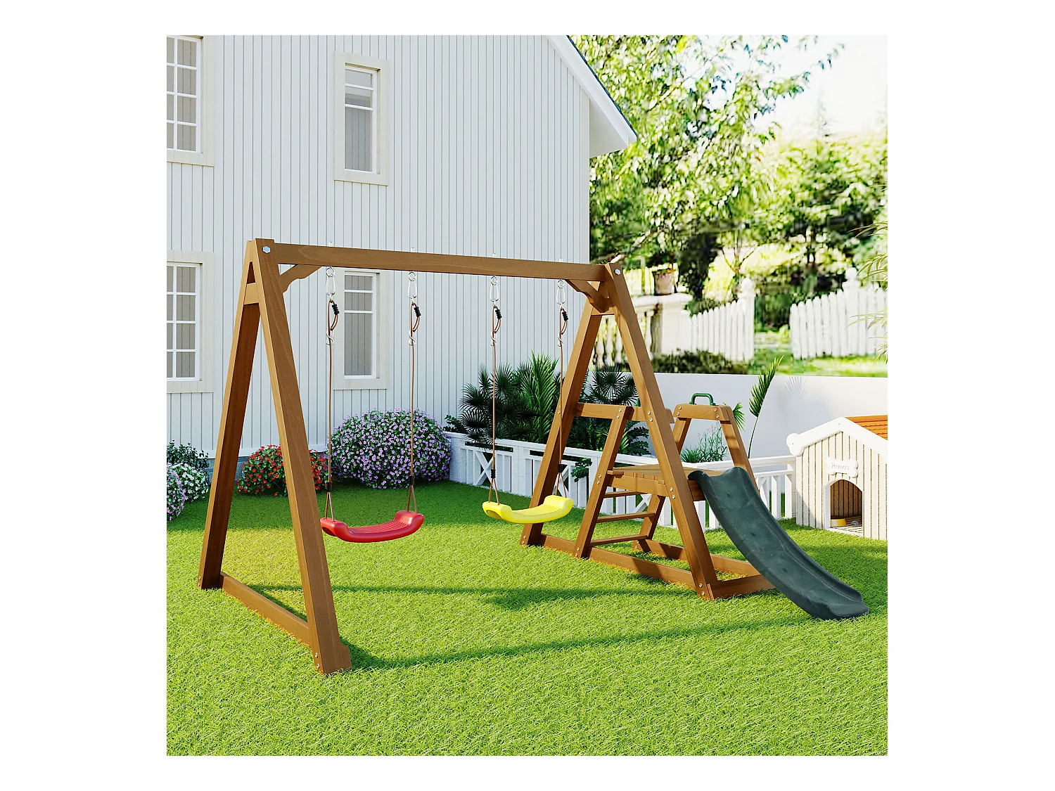 Balançoire double et toboggan enfant 238.5x240x168.9 cm en bois avec échelle d'escalade - Naturel