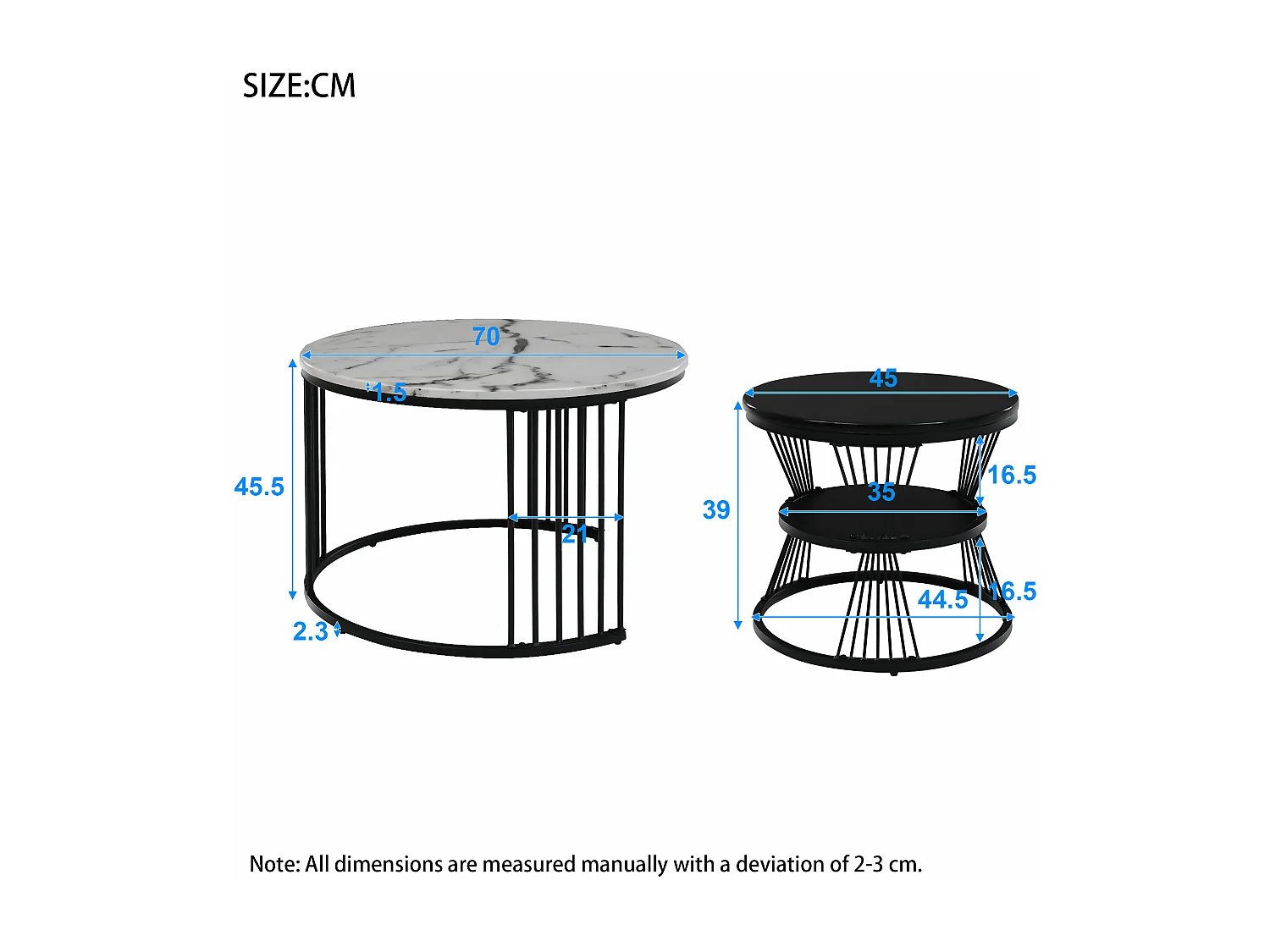 Lot de 2 tables basses gigognes, plateau en placage de marbre, structure en métal noir