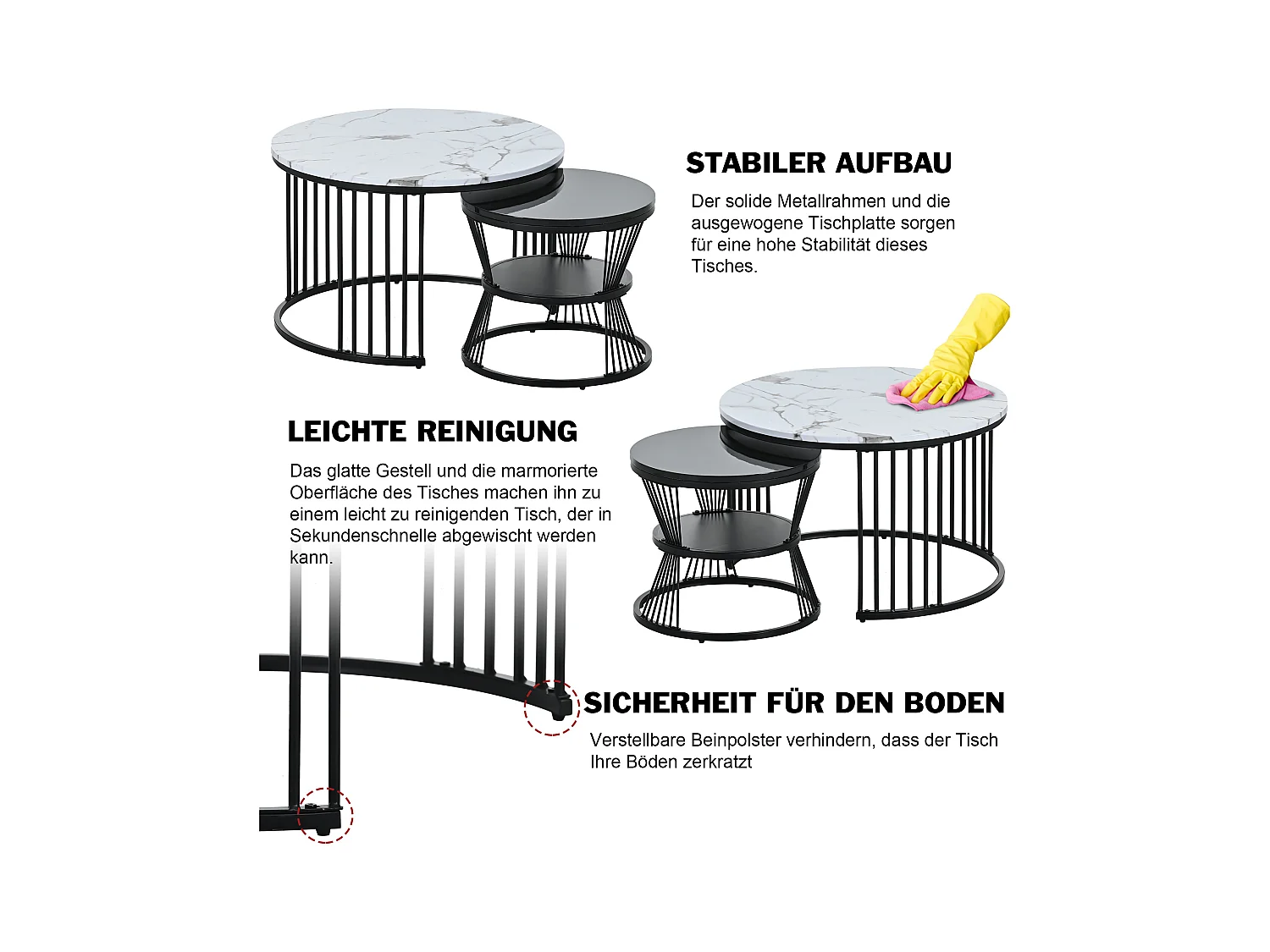 Lot de 2 tables basses gigognes, plateau en placage de marbre, structure en métal noir