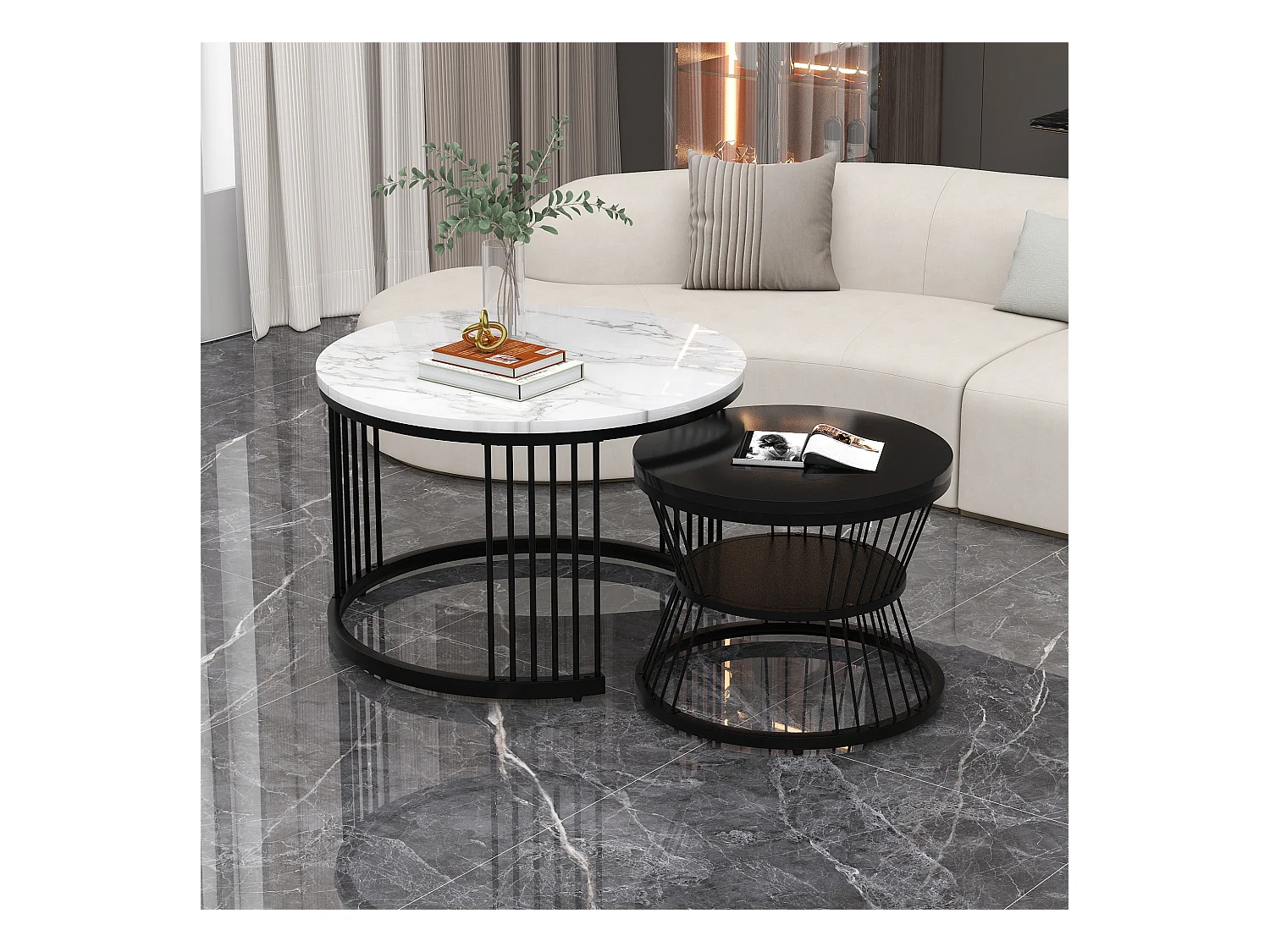 Lot de 2 tables basses gigognes, plateau en placage de marbre, structure en métal noir