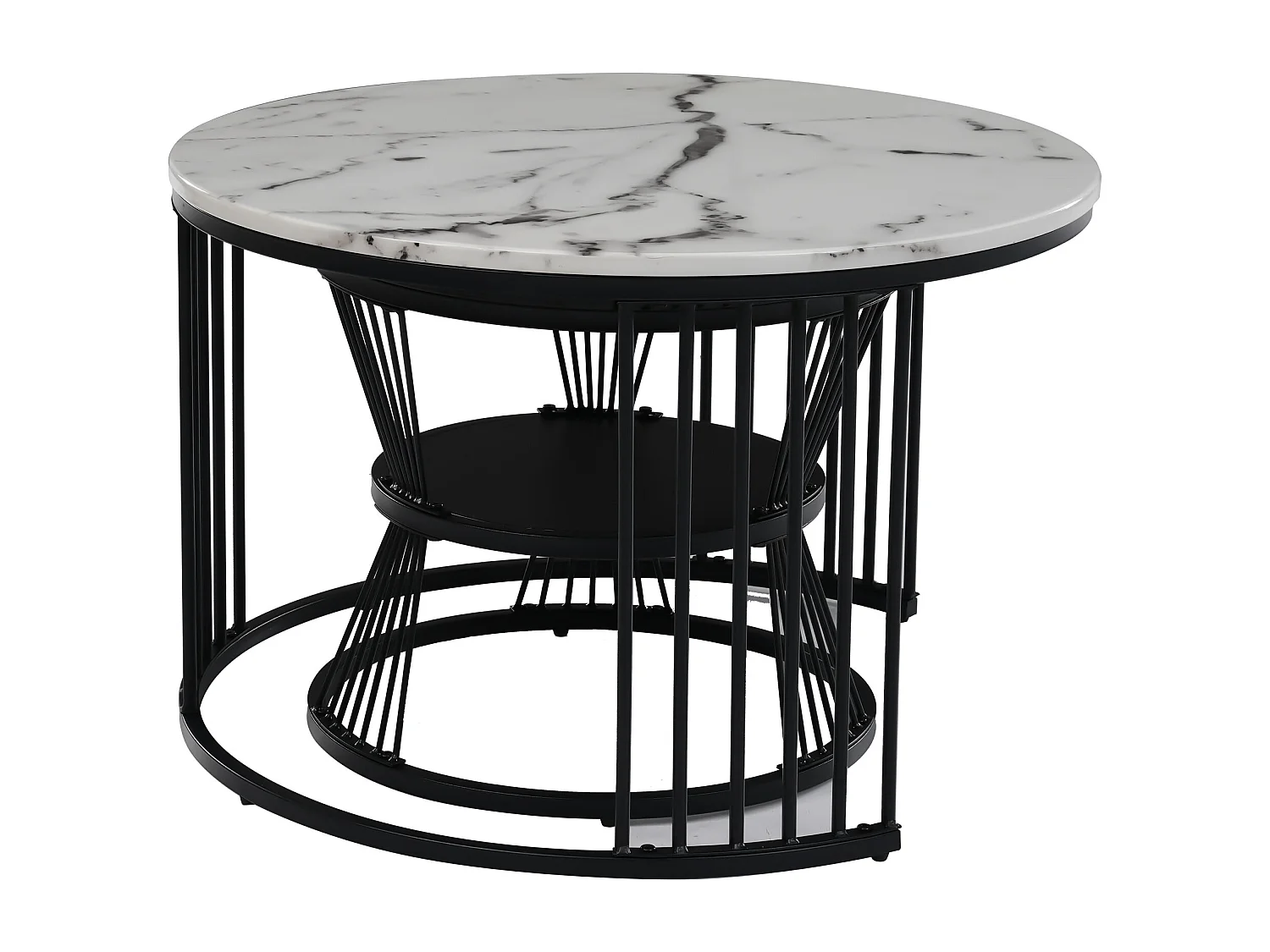 Lot de 2 tables basses gigognes, plateau en placage de marbre, structure en métal noir