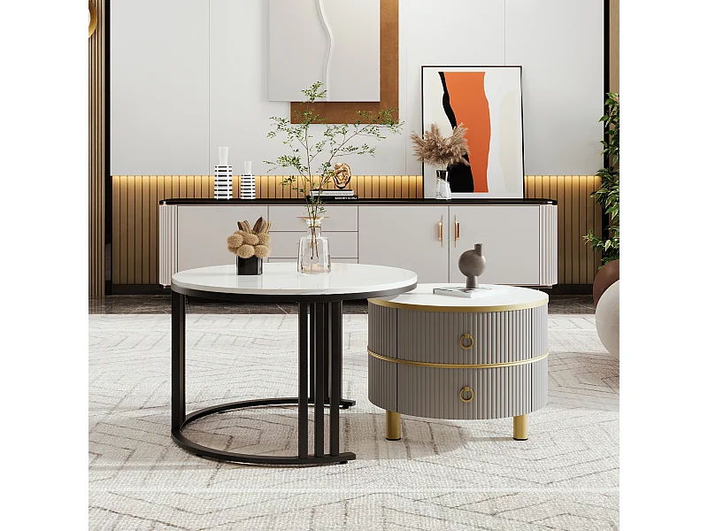 Set van 2 salontafels - Ronde salontafel met glanzend blad en marmerlook sticker - 2 lades