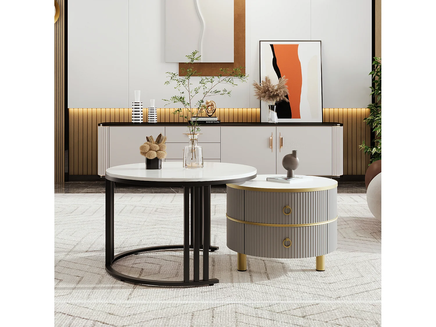 Lot de 2 tables basses - Table basse ronde avec plateau brillant et plateau sticker aspect marbre - 2 tiroirs