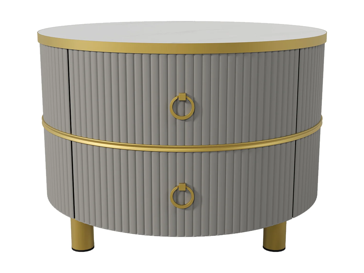 Lot de 2 tables basses - Table basse ronde avec plateau brillant et plateau sticker aspect marbre - 2 tiroirs