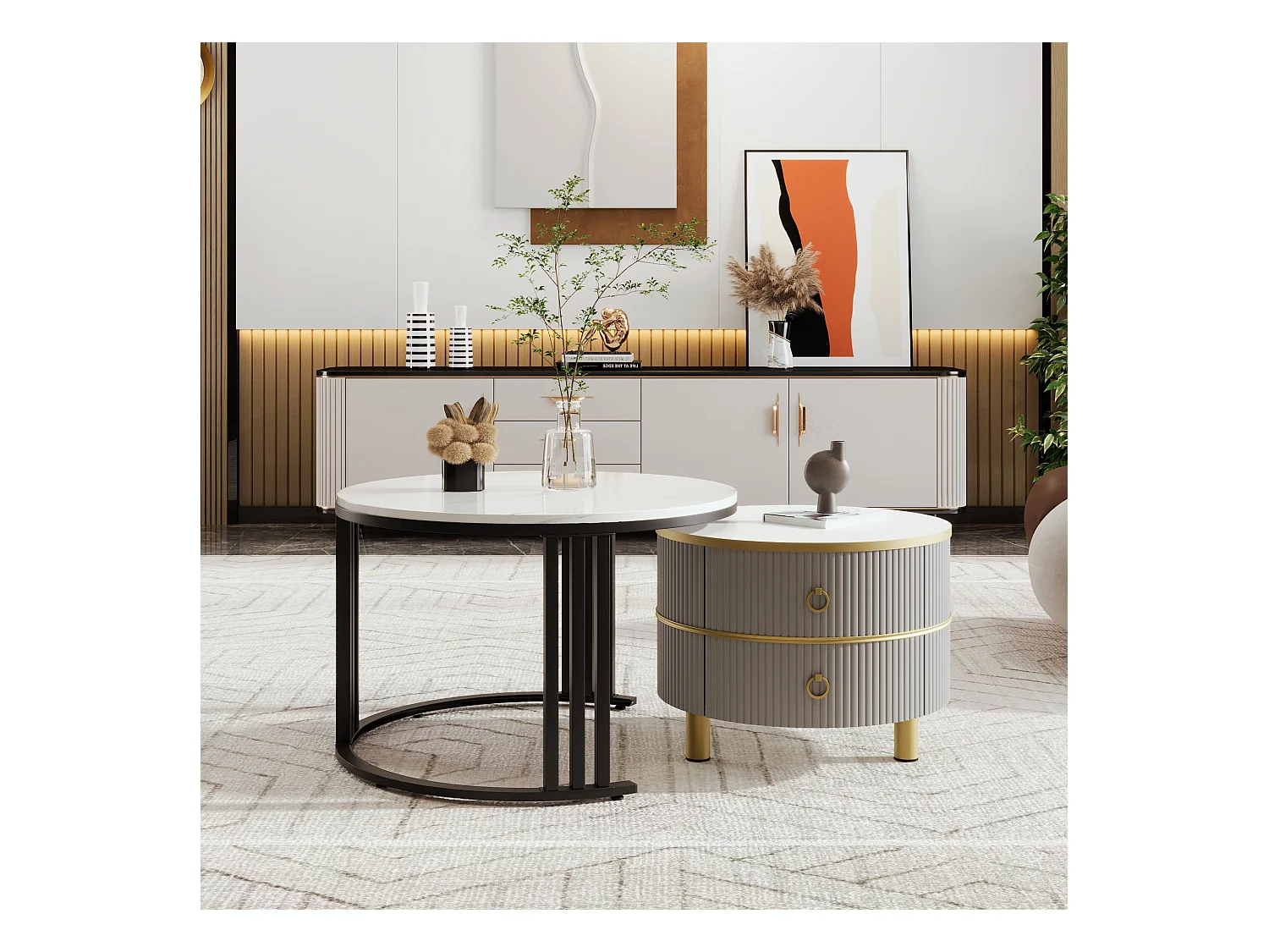 Lot de 2 tables basses - Table basse ronde avec plateau brillant et plateau sticker aspect marbre - 2 tiroirs
