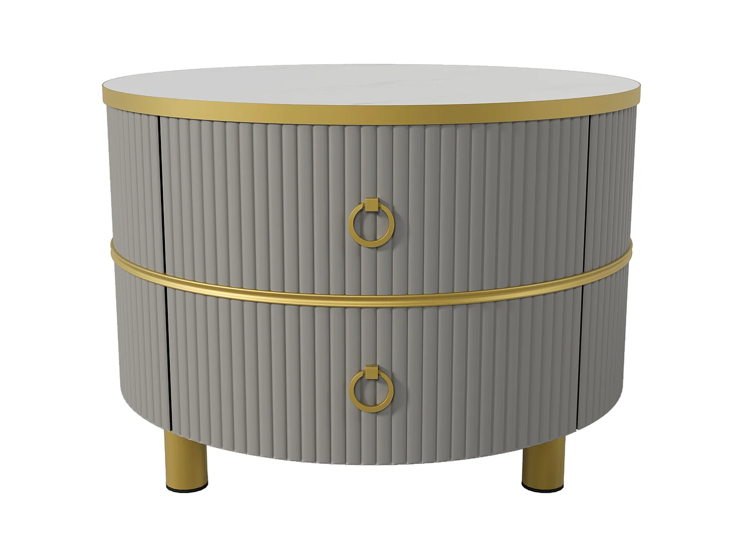 2er-Set Couchtische – Runder Couchtisch mit glänzender Platte und Marmor-Optik-Aufklebeplatte – 2 Schubladen