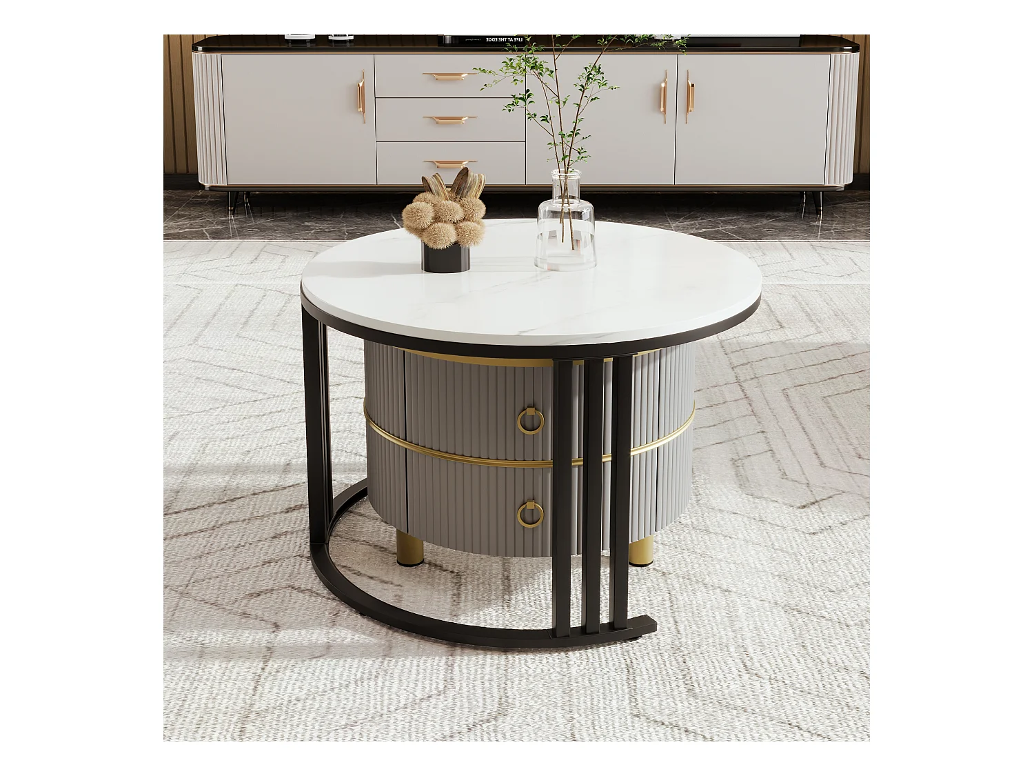 2er-Set Couchtische – Runder Couchtisch mit glänzender Platte und Marmor-Optik-Aufklebeplatte – 2 Schubladen
