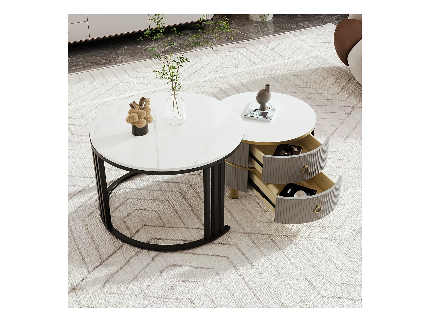 2er-Set Couchtische – Runder Couchtisch mit glänzender Platte und Marmor-Optik-Aufklebeplatte – 2 Schubladen