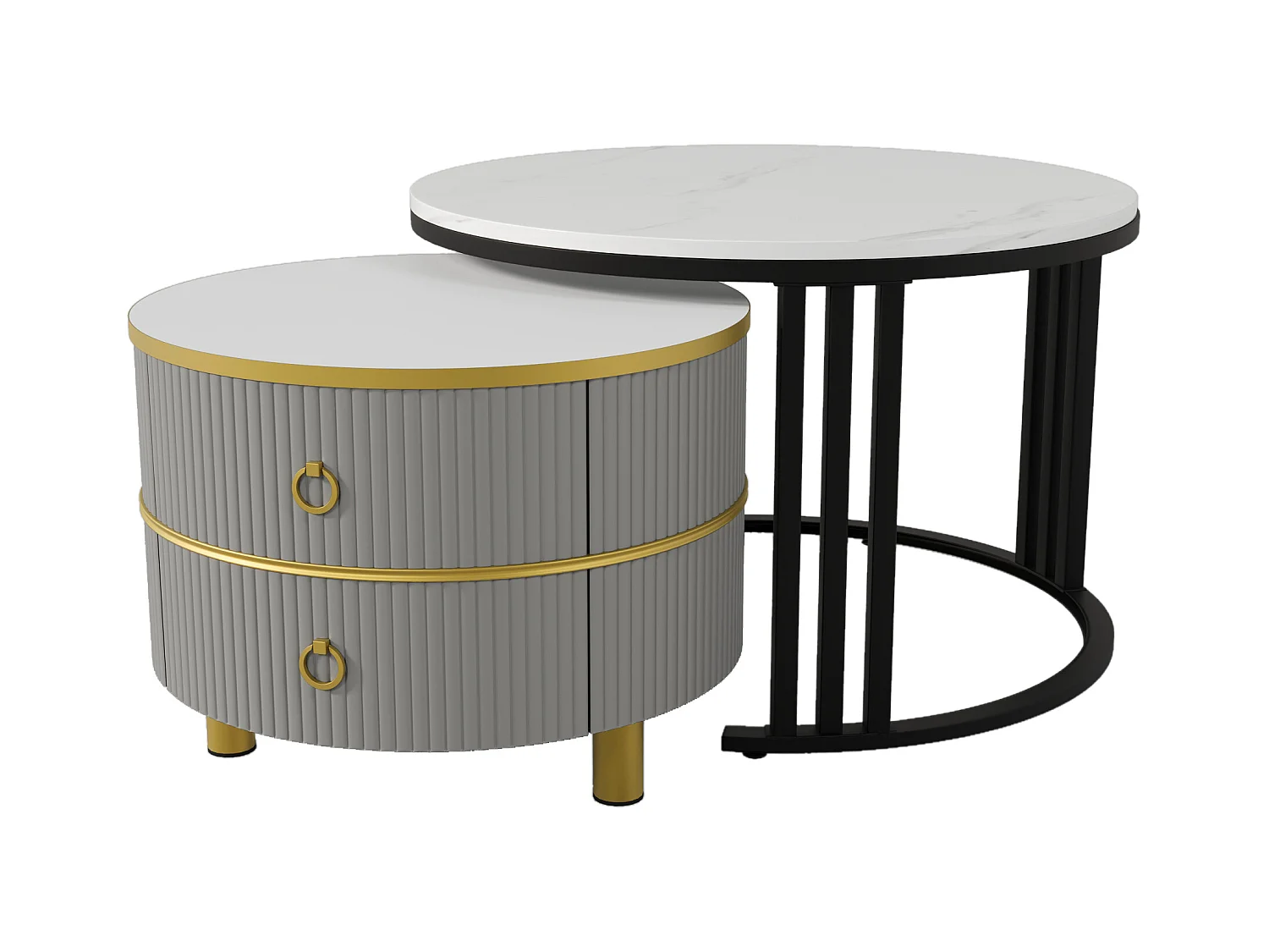 2er-Set Couchtische – Runder Couchtisch mit glänzender Platte und Marmor-Optik-Aufklebeplatte – 2 Schubladen
