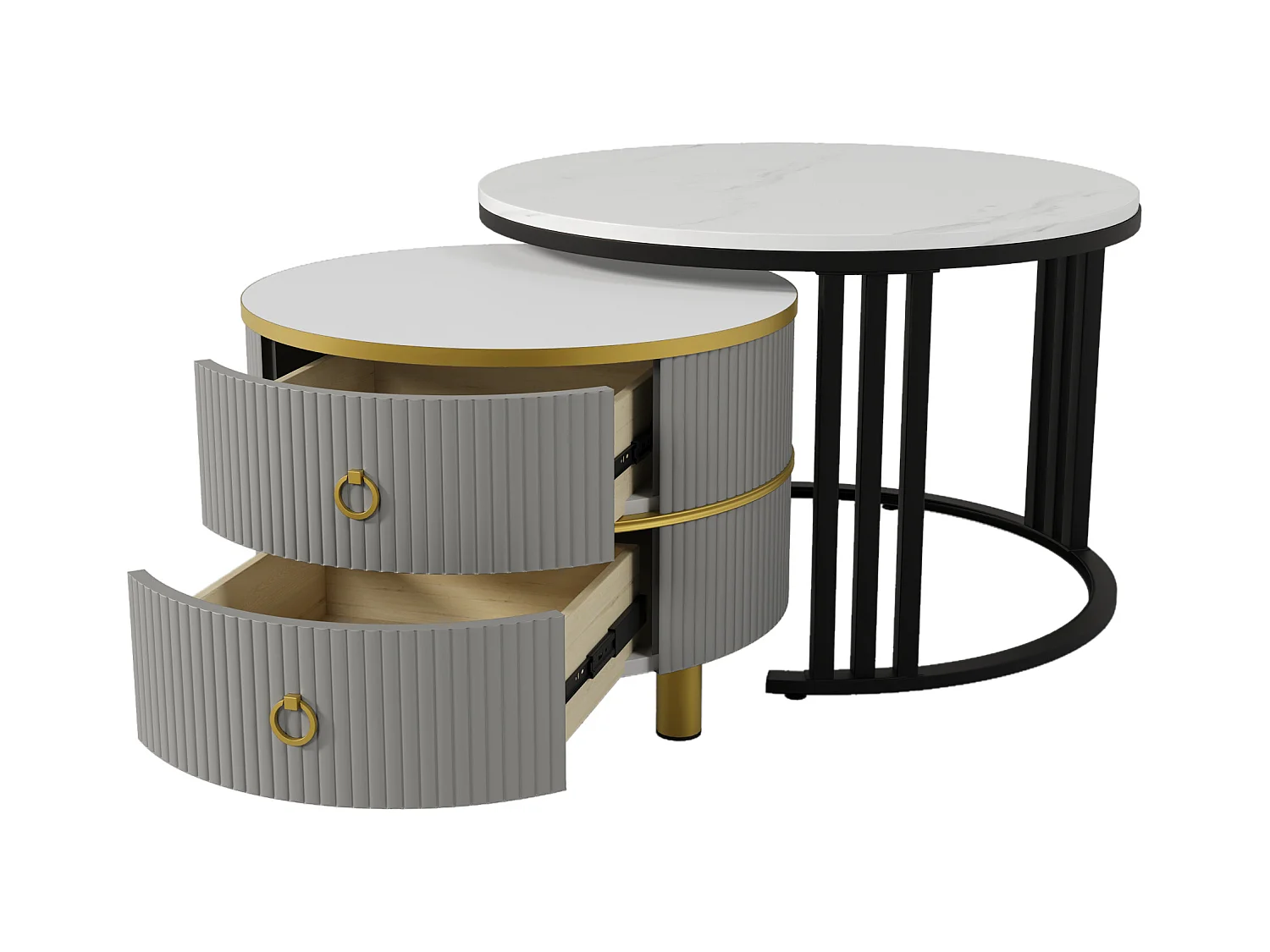 2er-Set Couchtische – Runder Couchtisch mit glänzender Platte und Marmor-Optik-Aufklebeplatte – 2 Schubladen