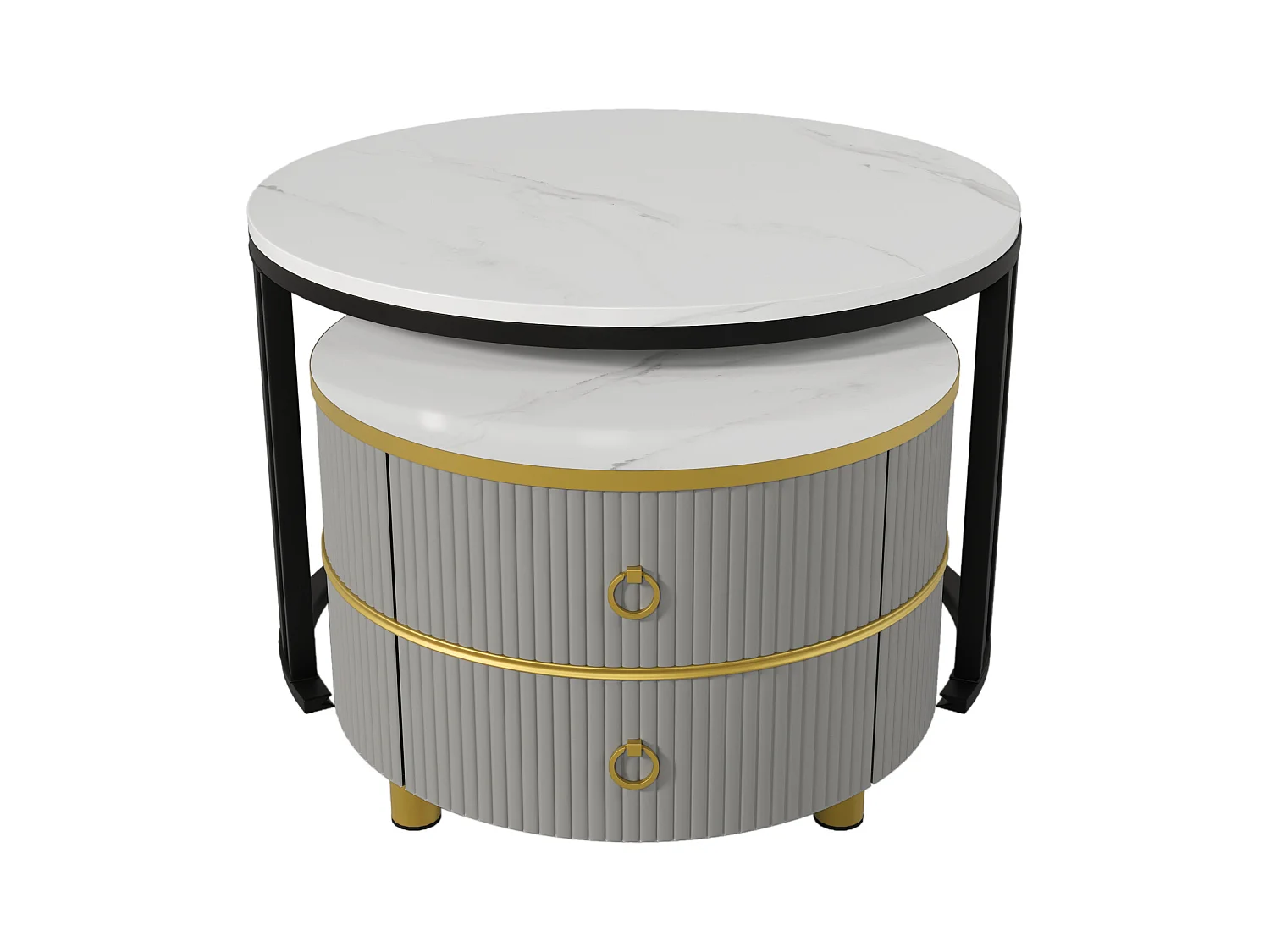 2er-Set Couchtische – Runder Couchtisch mit glänzender Platte und Marmor-Optik-Aufklebeplatte – 2 Schubladen