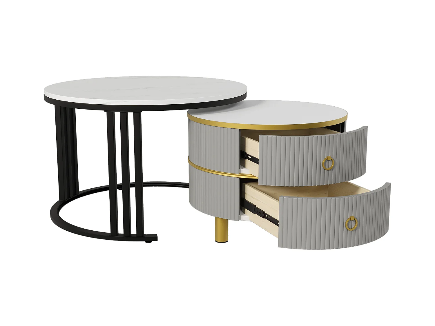2er-Set Couchtische – Runder Couchtisch mit glänzender Platte und Marmor-Optik-Aufklebeplatte – 2 Schubladen