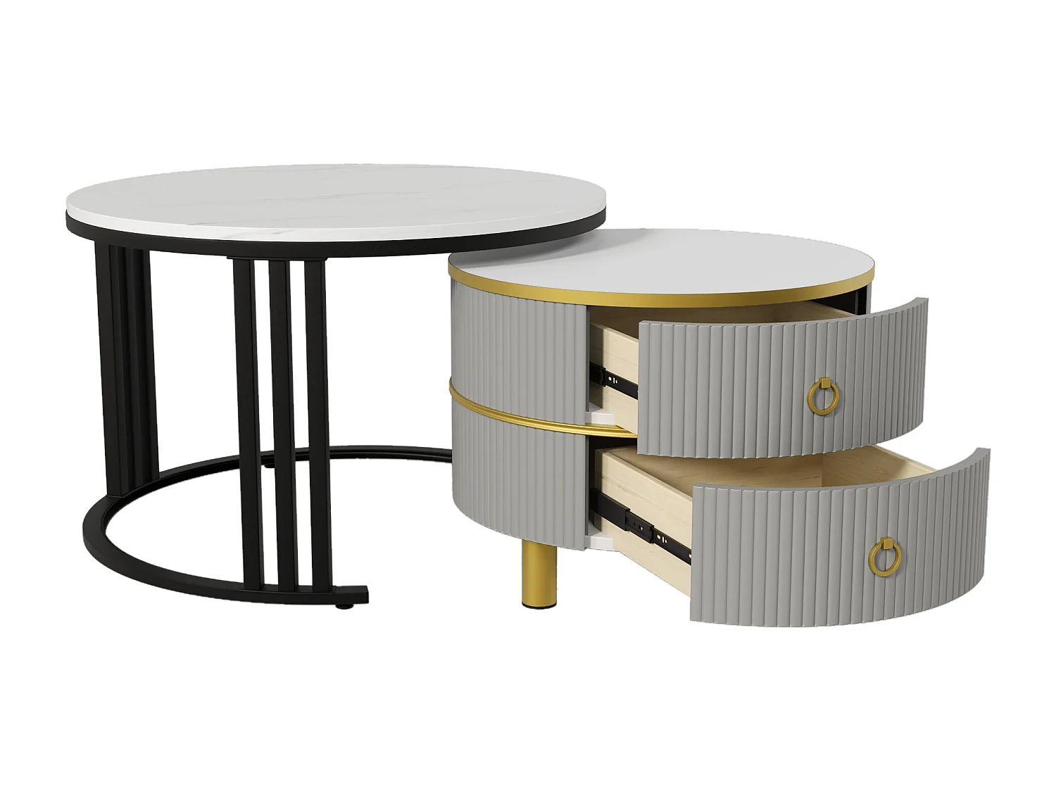 Lot de 2 tables basses - Table basse ronde avec plateau brillant et plateau sticker aspect marbre - 2 tiroirs