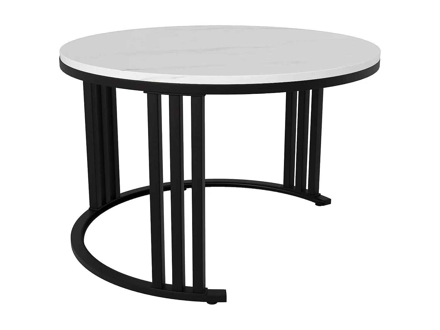 Lot de 2 tables basses - Table basse ronde avec plateau brillant et plateau sticker aspect marbre - 2 tiroirs