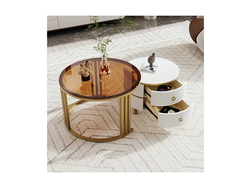 Lot de 2 tables basses - Table basse ronde avec plateau blanc et plateau marron - 2 tiroirs