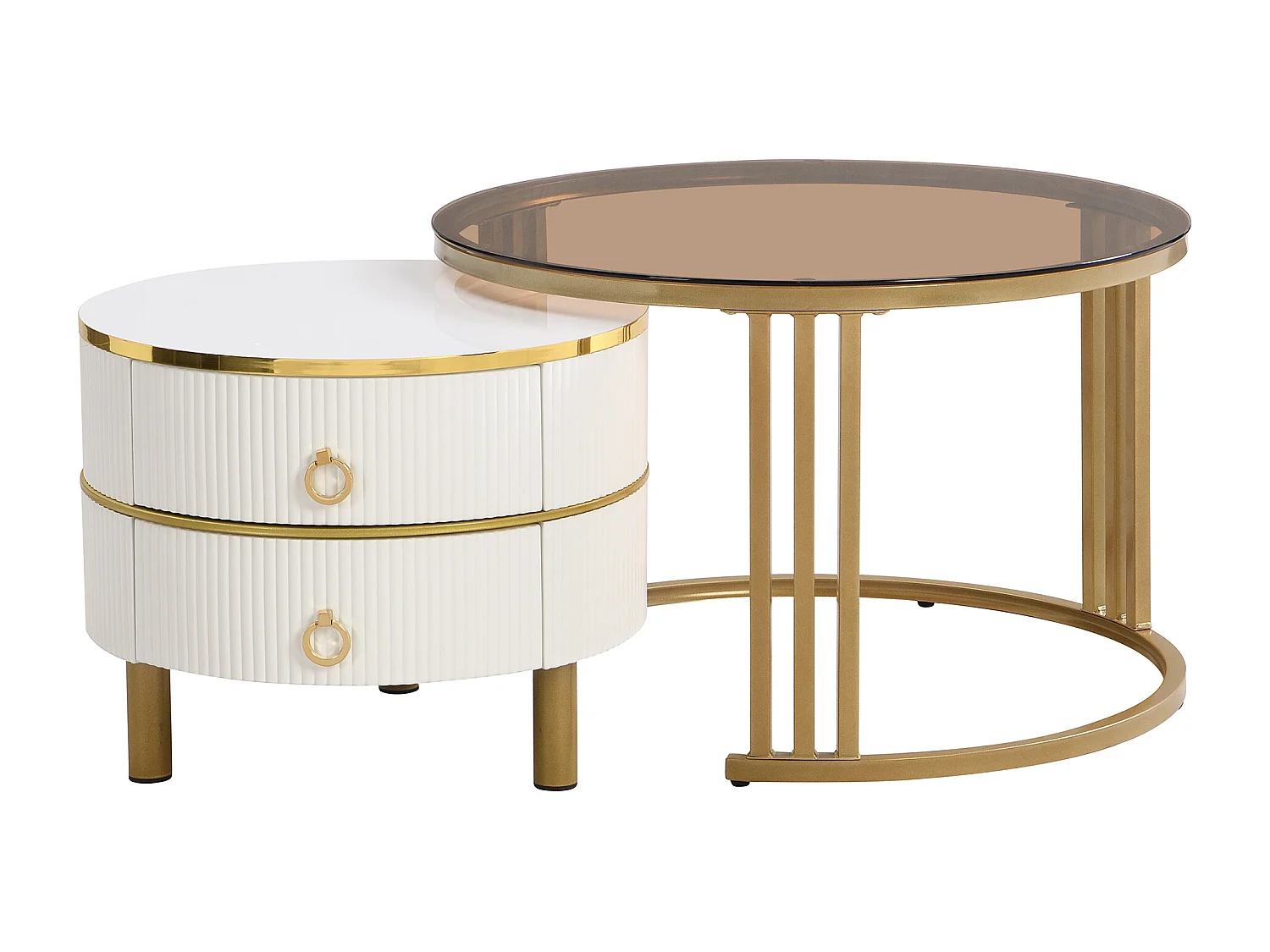 Lot de 2 tables basses - Table basse ronde avec plateau blanc et plateau marron - 2 tiroirs