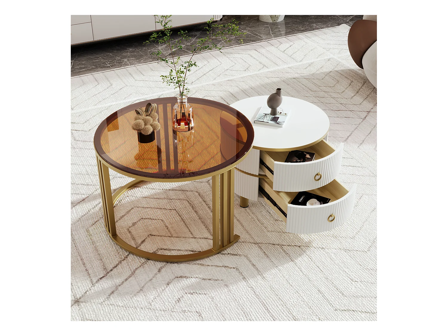 Lot de 2 tables basses - Table basse ronde avec plateau blanc et plateau marron - 2 tiroirs