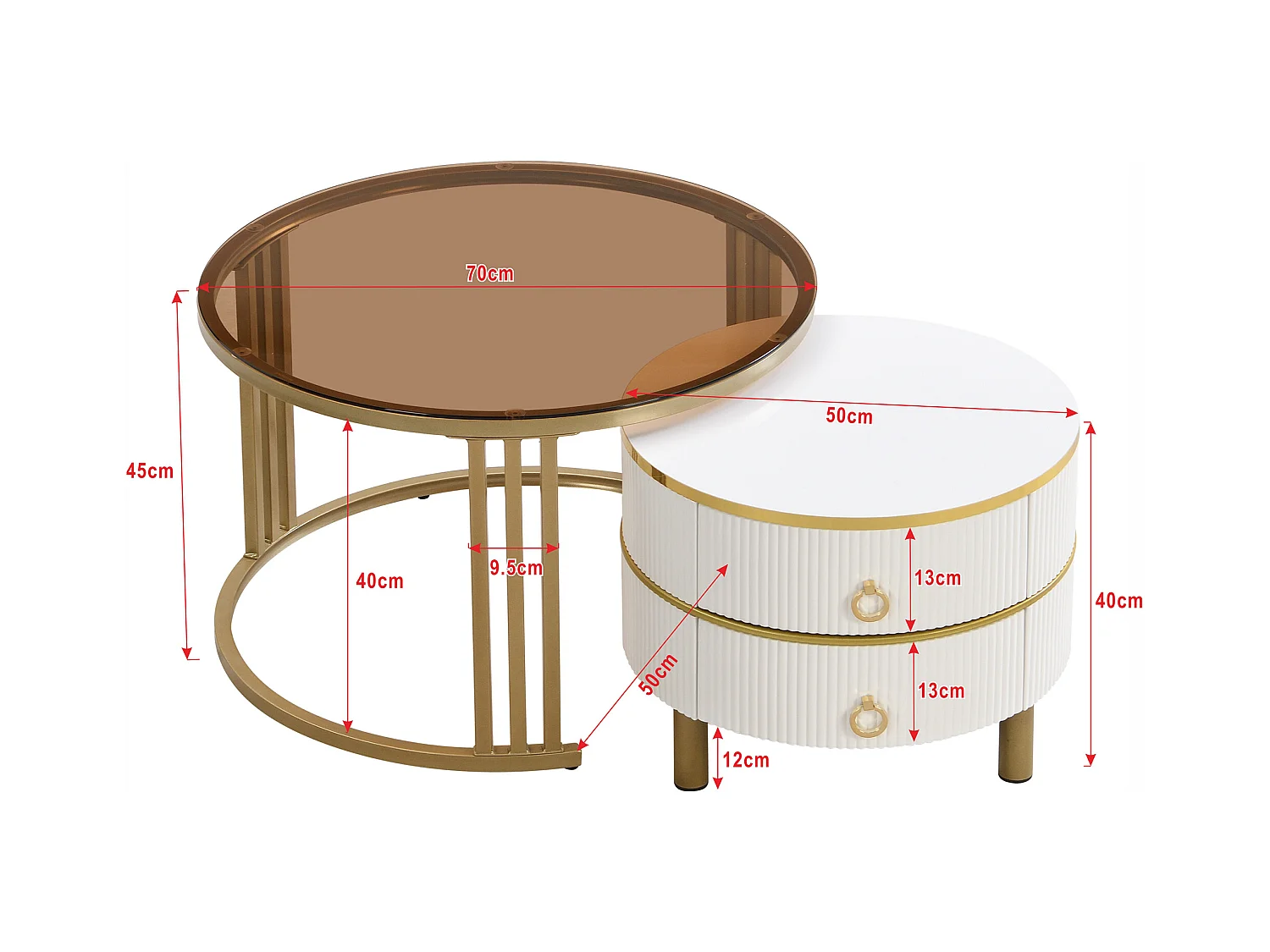 Lot de 2 tables basses - Table basse ronde avec plateau blanc et plateau marron - 2 tiroirs