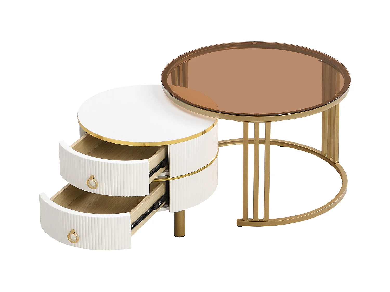 Lot de 2 tables basses - Table basse ronde avec plateau blanc et plateau marron - 2 tiroirs