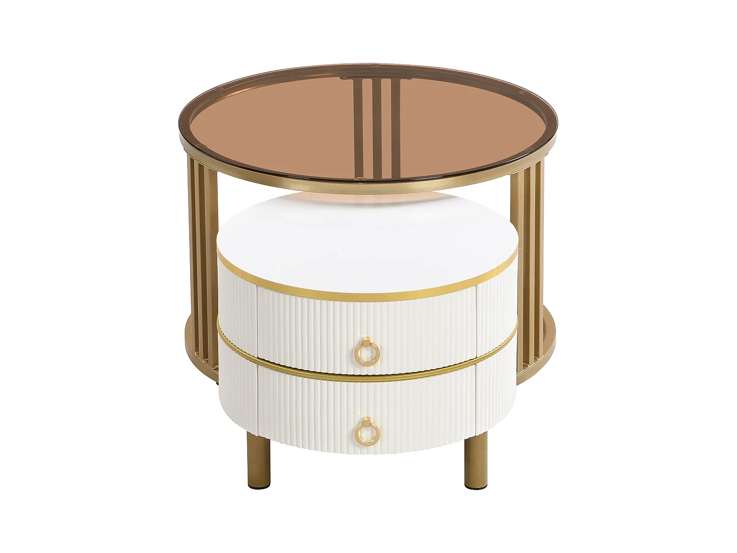 Lot de 2 tables basses - Table basse ronde avec plateau blanc et plateau marron - 2 tiroirs