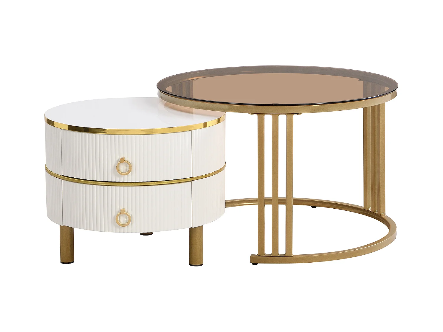 Lot de 2 tables basses - Table basse ronde avec plateau blanc et plateau marron - 2 tiroirs