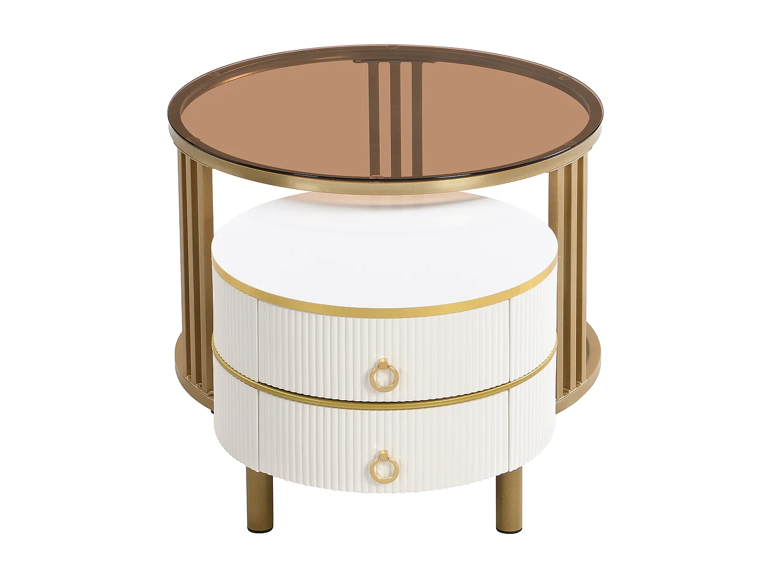 Lot de 2 tables basses - Table basse ronde avec plateau blanc et plateau marron - 2 tiroirs