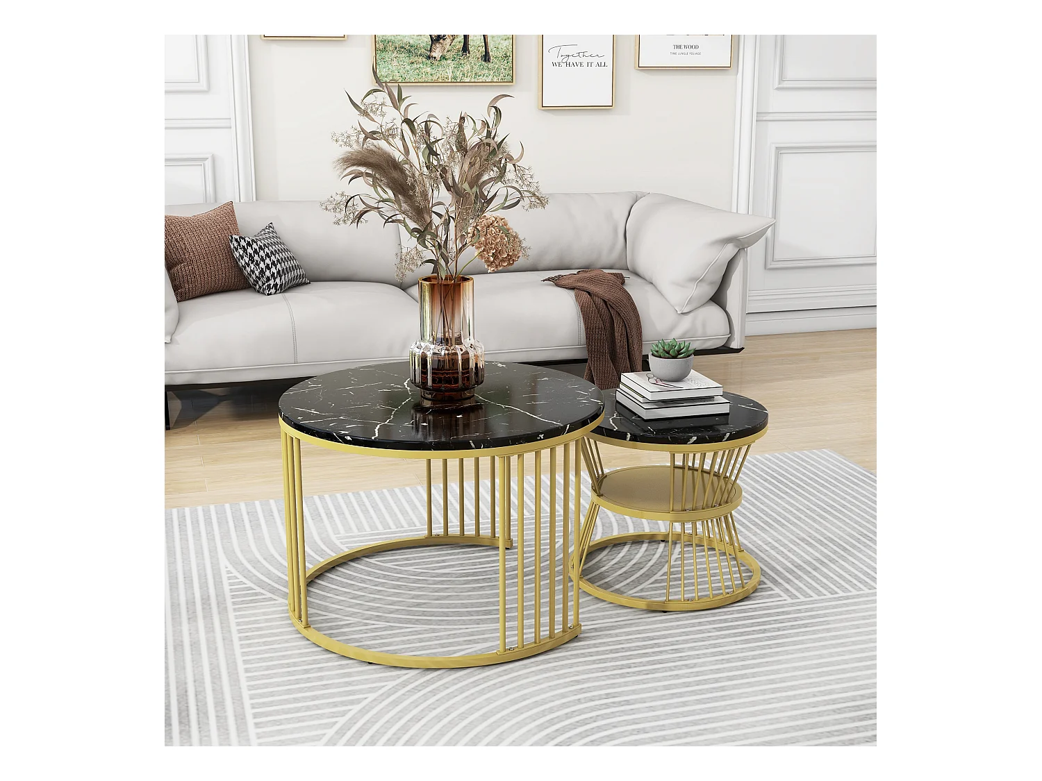 Tables basses gigognes 2 en 1 rond marbre placage - noir et doré