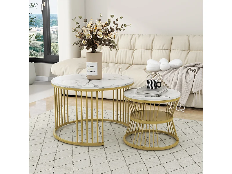 Tables basses gigognes 2 en 1 rond marbre placage - blanc et doré