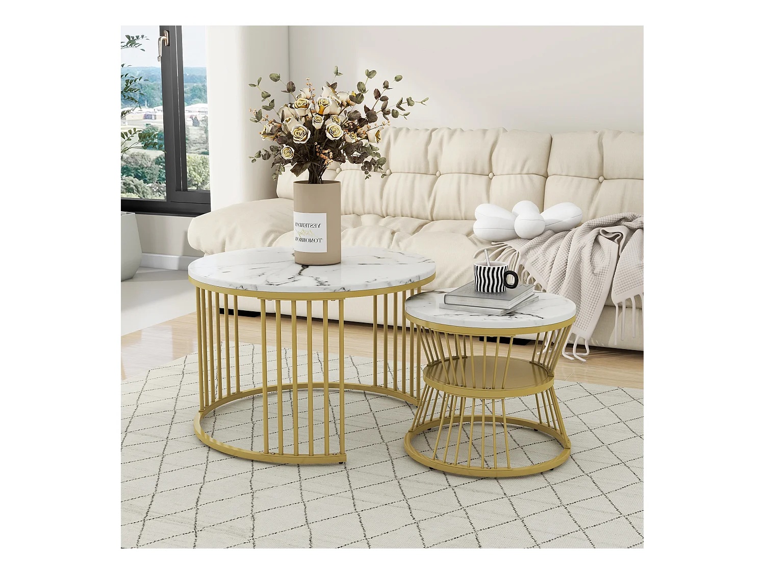 Tables basses gigognes 2 en 1 rond marbre placage - blanc et doré