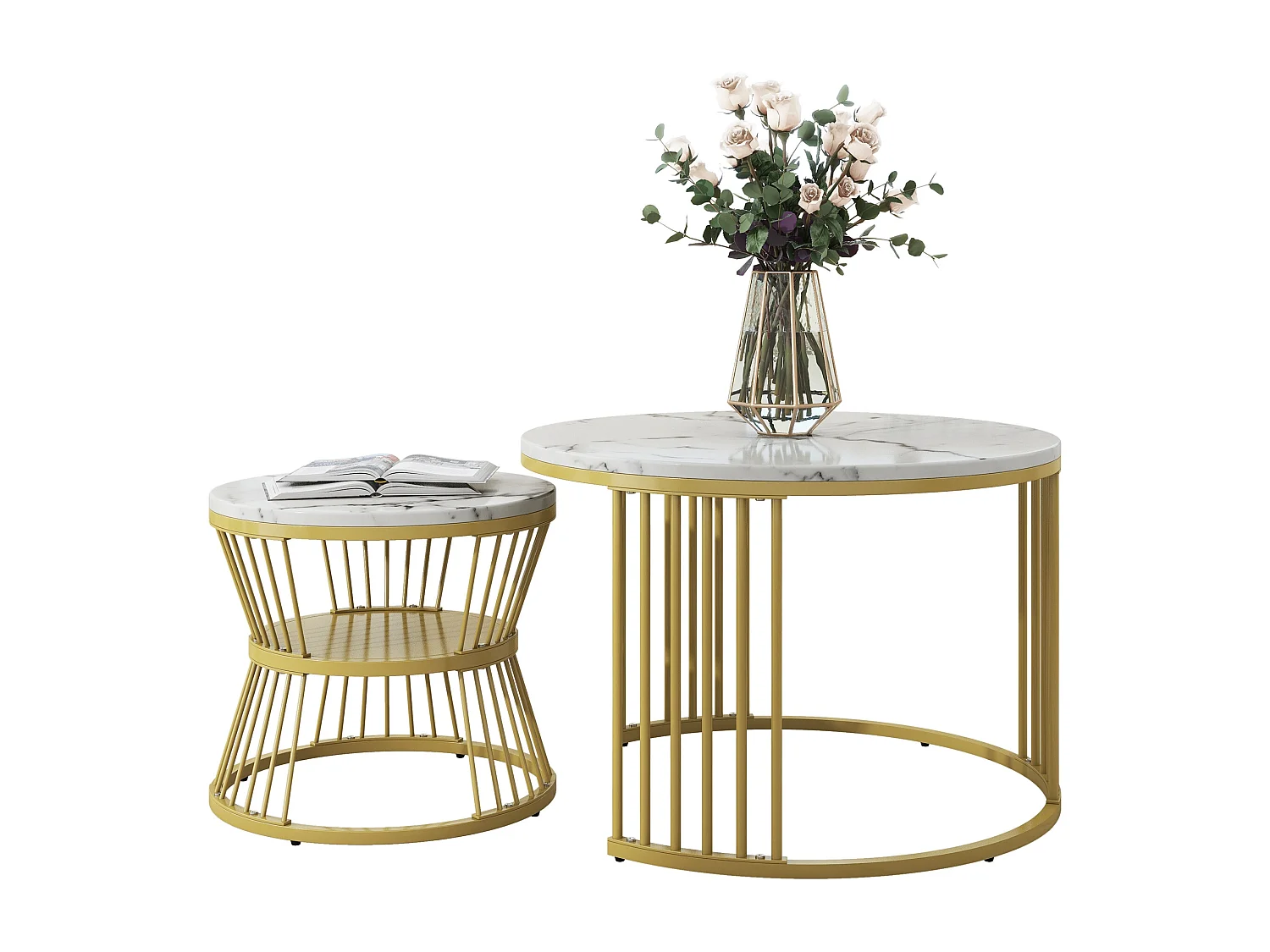 Tables basses gigognes 2 en 1 rond marbre placage - blanc et doré