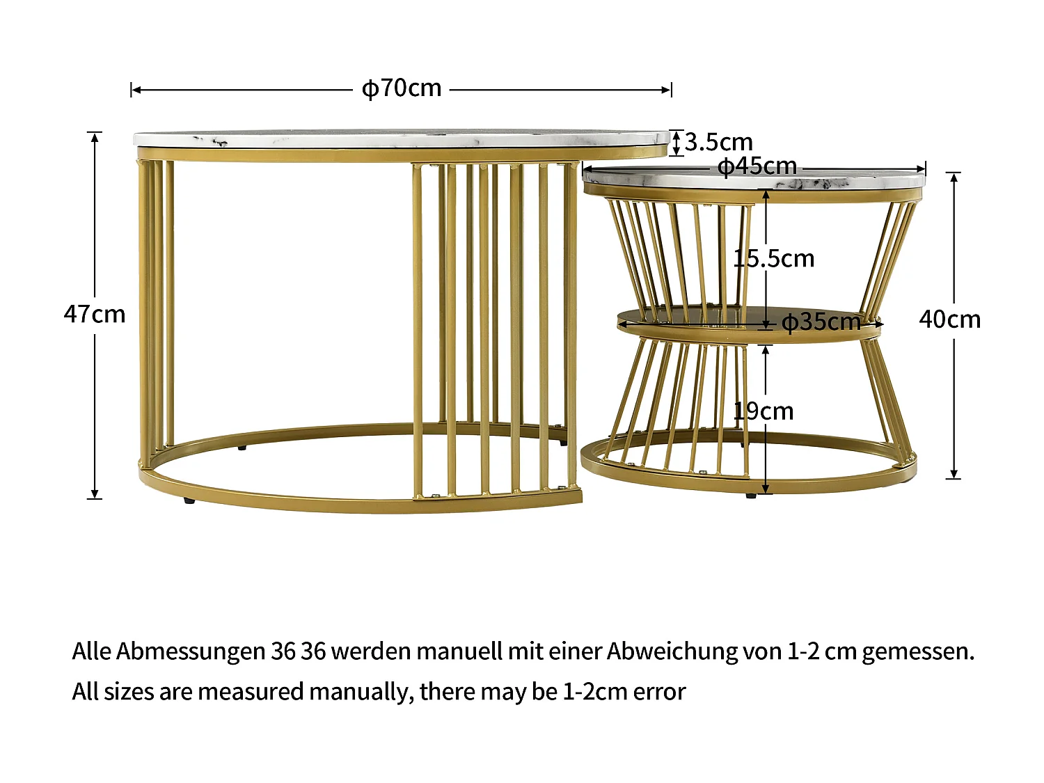 Tables basses gigognes 2 en 1 rond marbre placage - blanc et doré