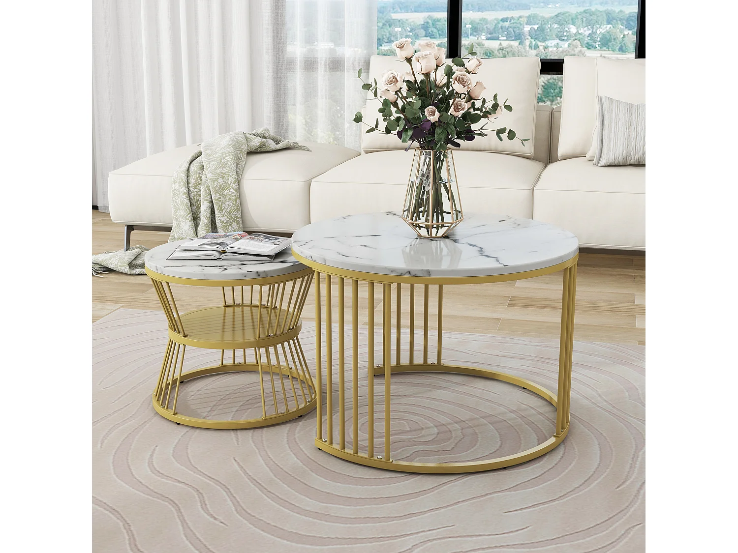 Tables basses gigognes 2 en 1 rond marbre placage - blanc et doré