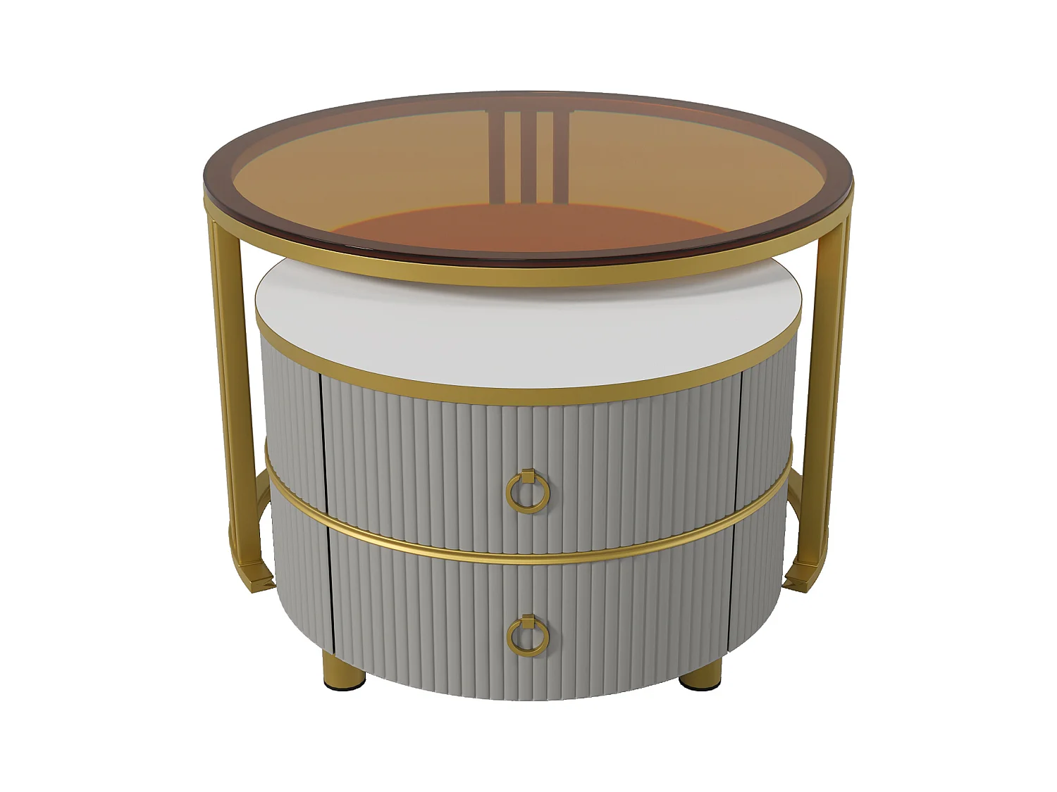 2er-Set Couchtische – Runder Couchtisch mit glänzenden und braunen Platten – 2 Schubladen