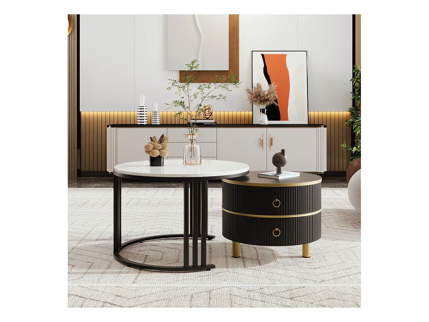 Lot de 2 tables basses - Table basse ronde avec plateau noir et plateau sticker aspect marbre - 2 tiroirs