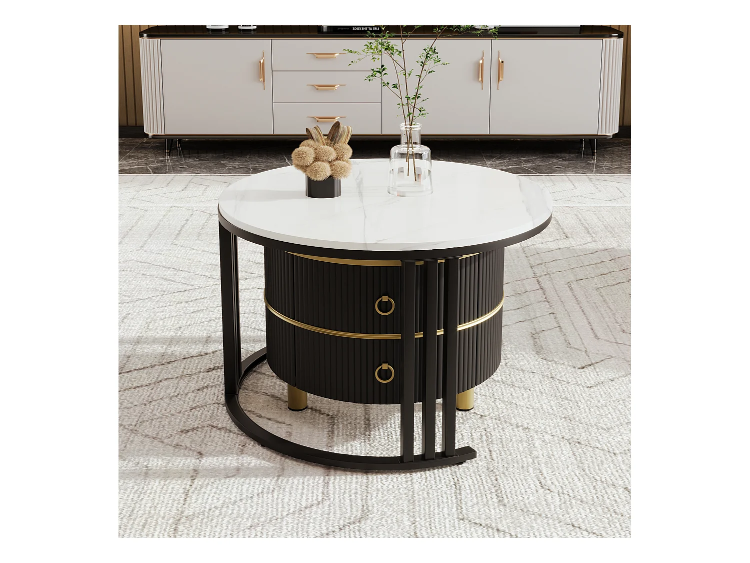 2er-Set Couchtische – Runder Couchtisch mit schwarzer Platte und Marmor-Optik-Aufklebeplatte – 2 Schubladen