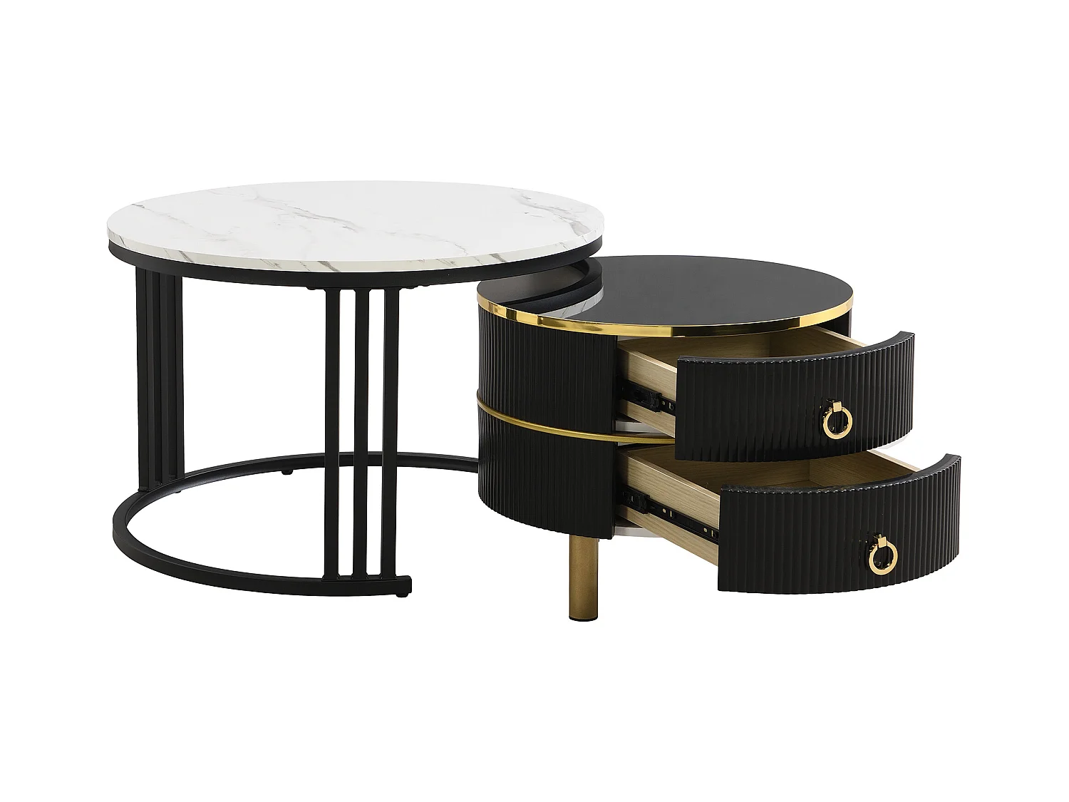 2er-Set Couchtische – Runder Couchtisch mit schwarzer Platte und Marmor-Optik-Aufklebeplatte – 2 Schubladen