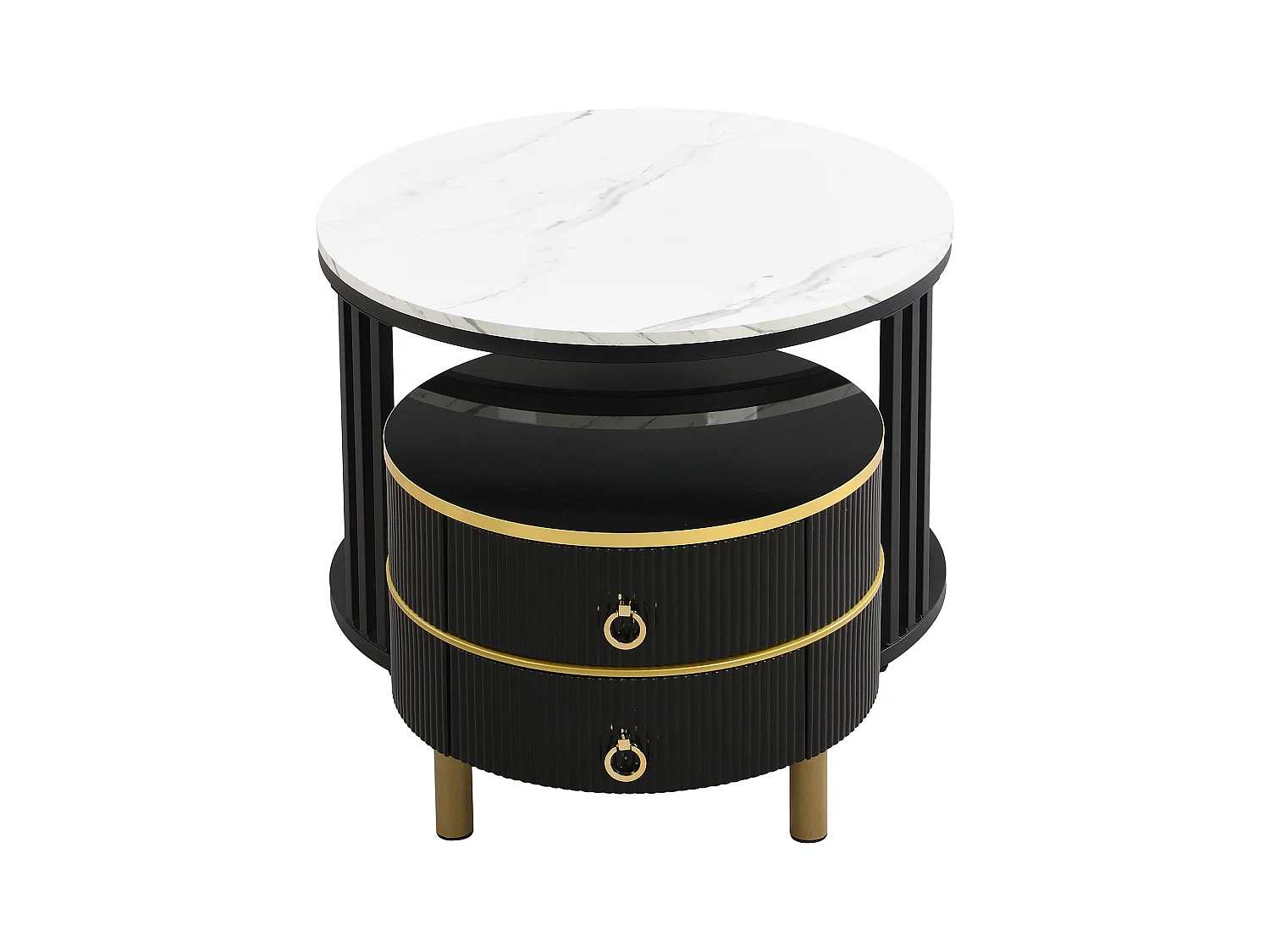 2er-Set Couchtische – Runder Couchtisch mit schwarzer Platte und Marmor-Optik-Aufklebeplatte – 2 Schubladen
