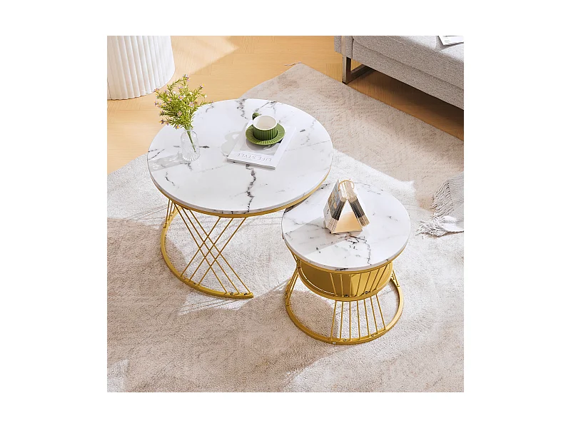 Lot de 2 tables basses gigognes, plateau en placage de marbre, structure en métal doré