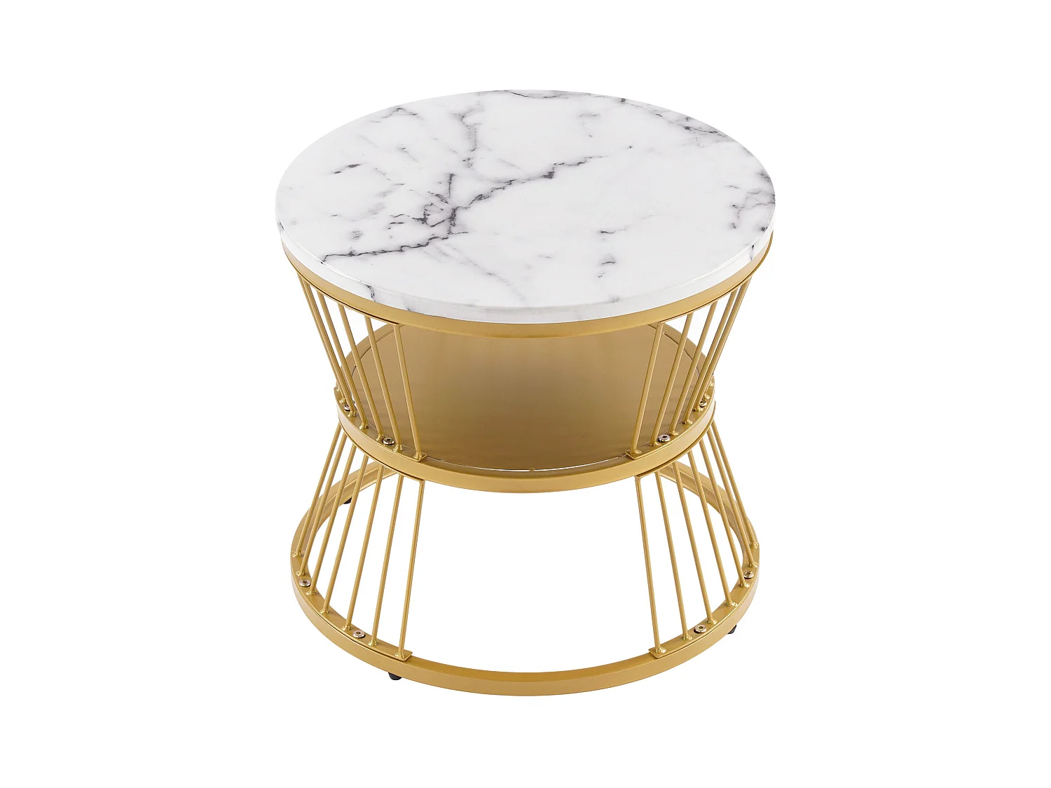 Lot de 2 tables basses gigognes, plateau en placage de marbre, structure en métal doré