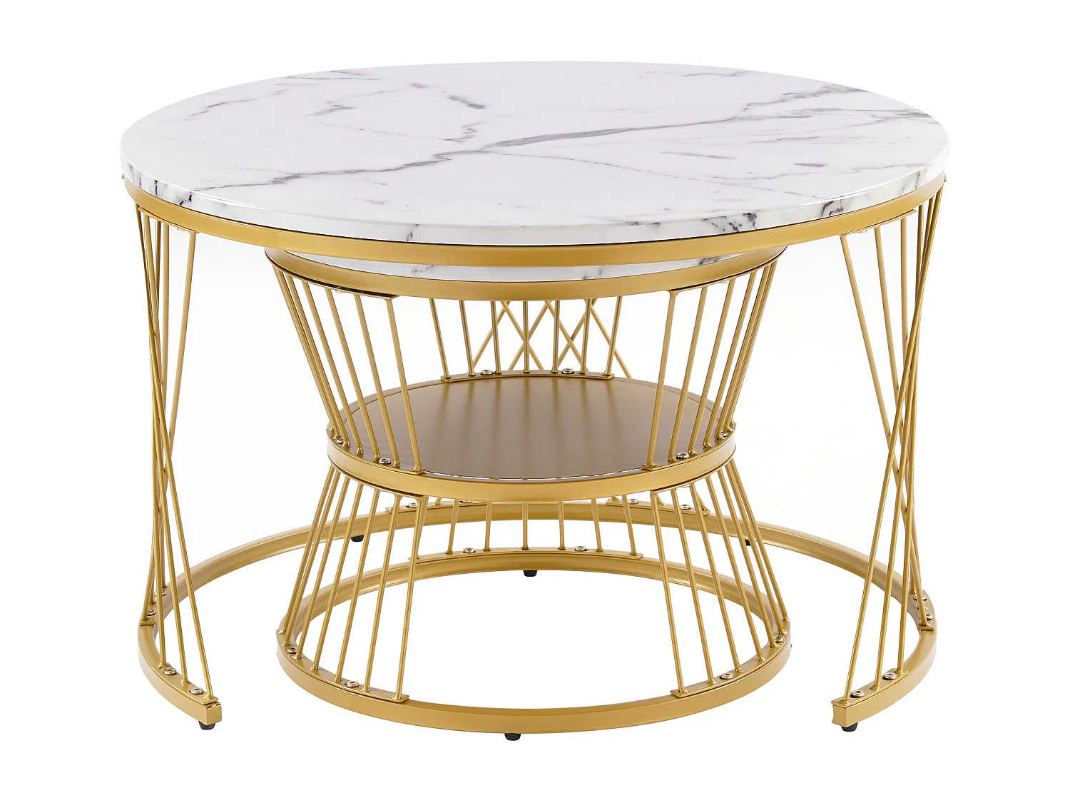 Lot de 2 tables basses gigognes, plateau en placage de marbre, structure en métal doré