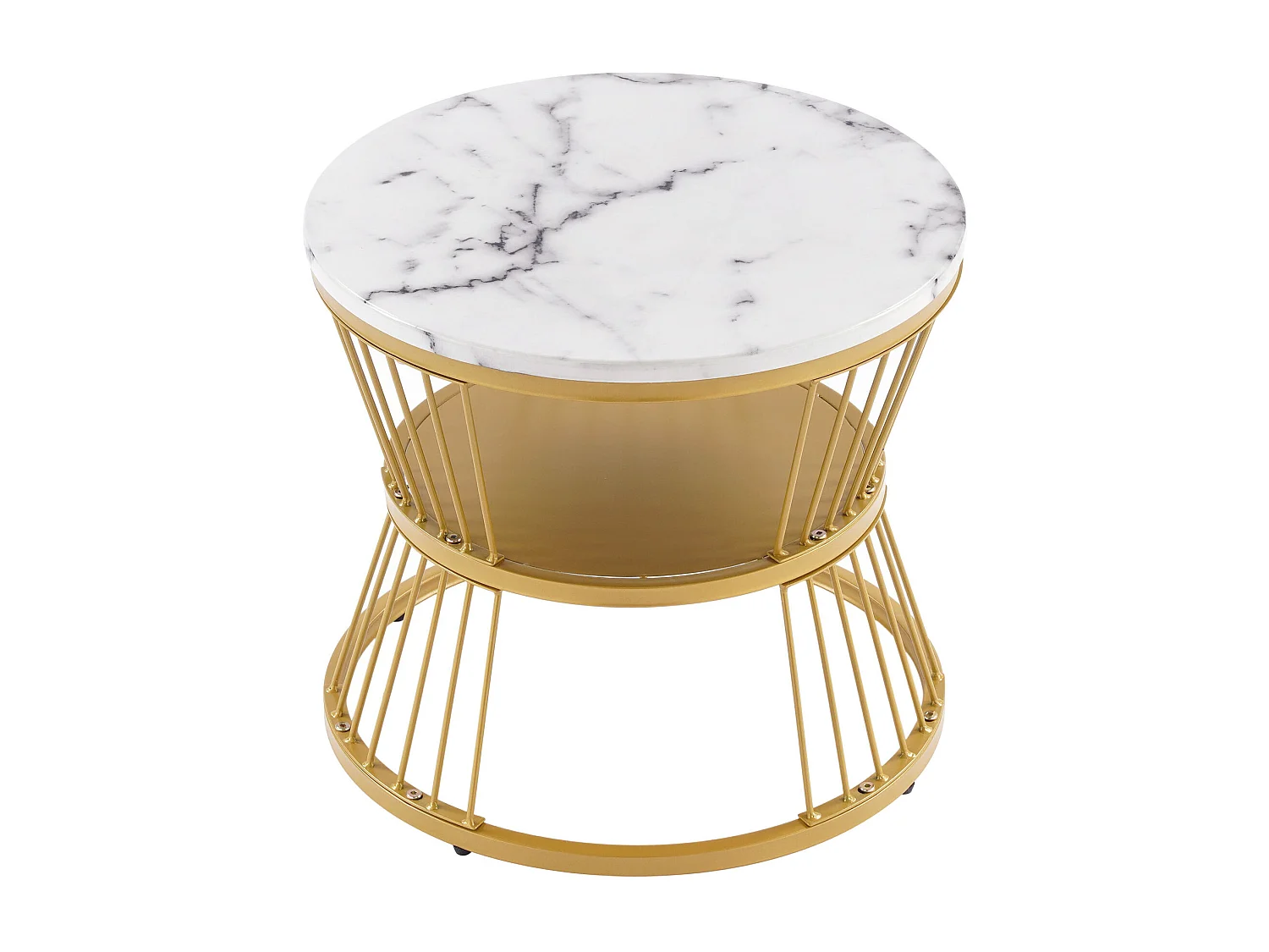 Lot de 2 tables basses gigognes, plateau en placage de marbre, structure en métal doré